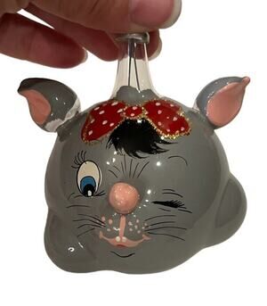 GRAY CAT/KITTEN Mouse GLASS ORNAMENT POLKA-DOT DOT BOW De Carlini DeCarlini
